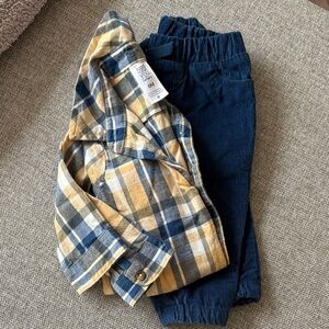 6M Baby Boy Blue and Yellow Plaid Shirt with Navy Corduroy Joggers